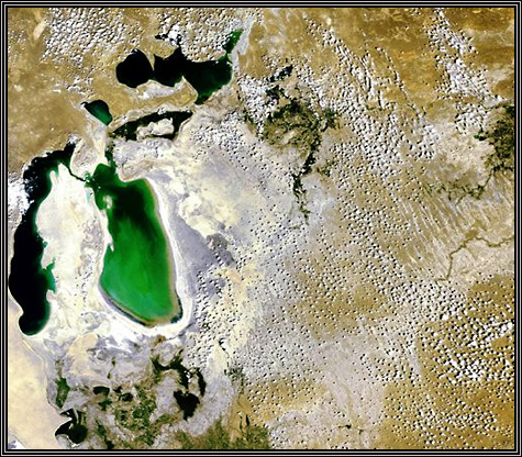 The Aral Sea, located between Kazakhstan and Uzbekistan has been shrinking for decades becuz the rivers feeding it were diverted for irrigation ... July 14, 2006 ... photo taken by The European Space Agency's Envisat satellite ... The Aral Sea, located between Kazakhstan and Uzbekistan has been shrinking for decades becuz the rivers feeding it were diverted for irrigation ... July 14, 2006 ... photo taken by The European Space Agency's Envisat satellite ...